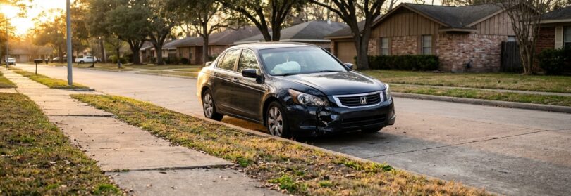 Honda Accord sedan with front-end collision damage parked on residential street