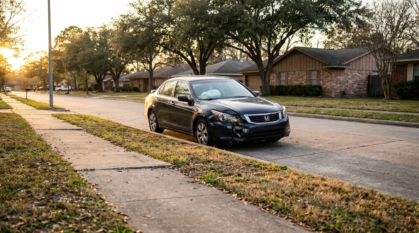 Honda Accord sedan with front-end collision damage parked on residential street