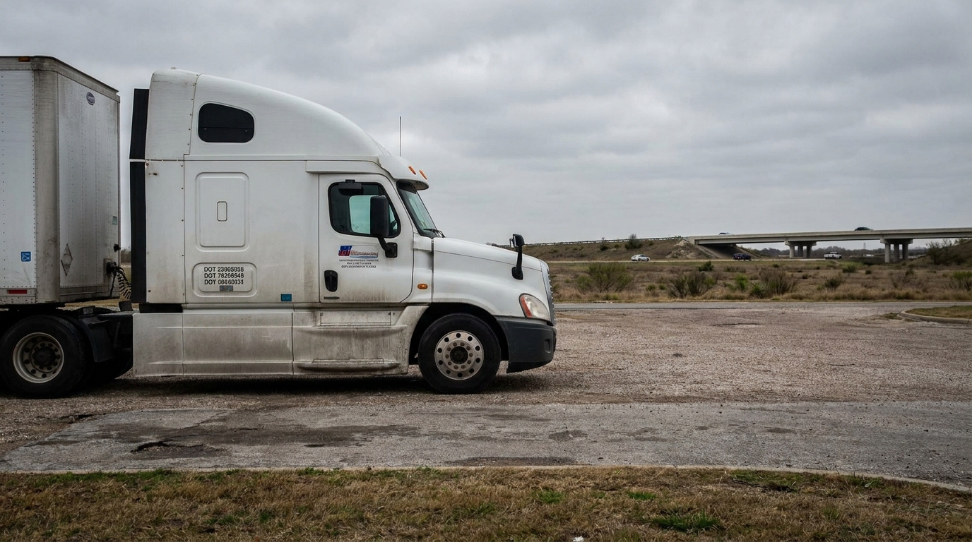 DOT-labeled semi-truck with trailer parked near highway overpass