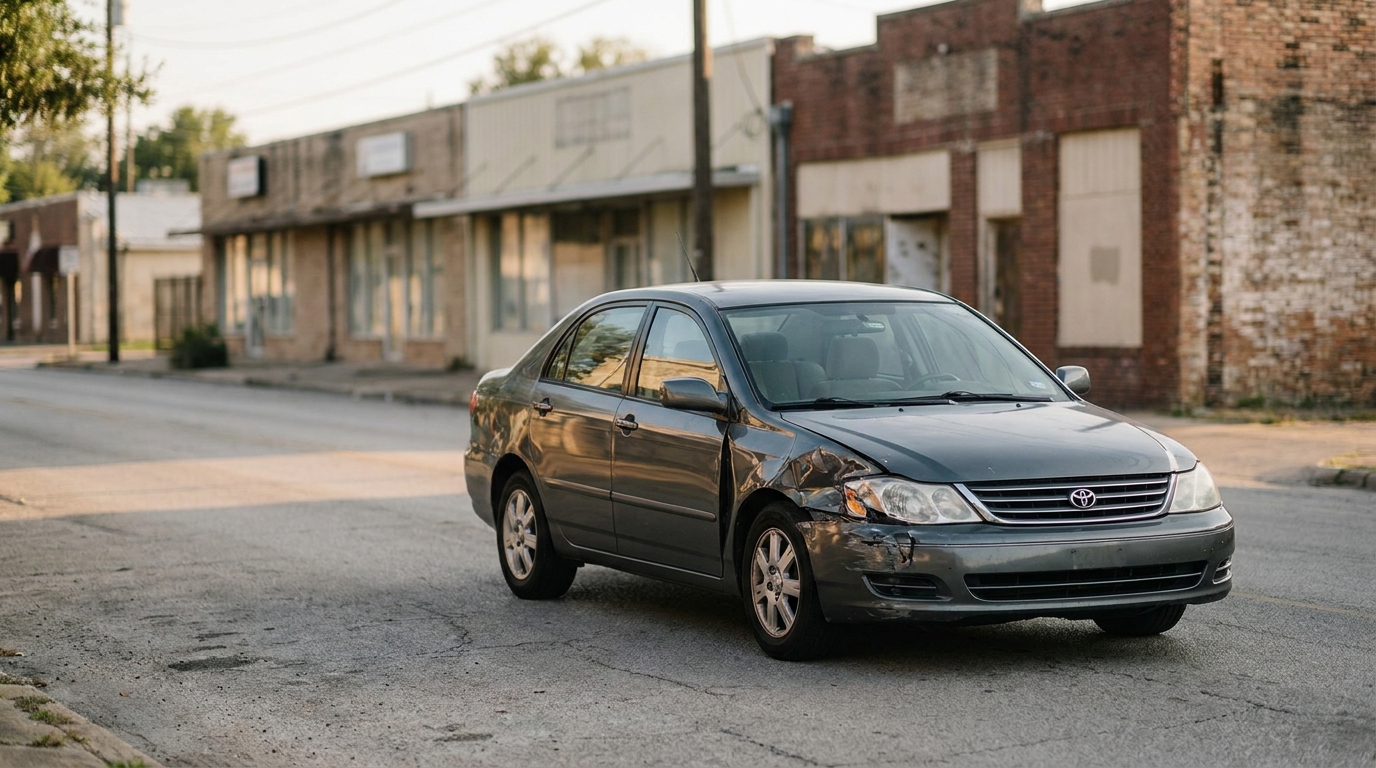 Toyota sedan with front-end collision damage parked on urban street