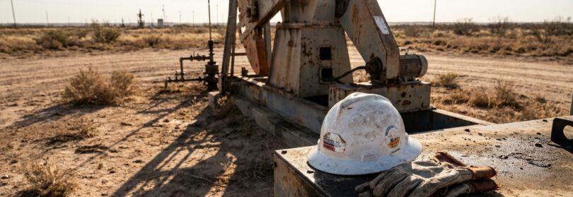 worn hard hat and work gloves resting on equipment near oil pump jack