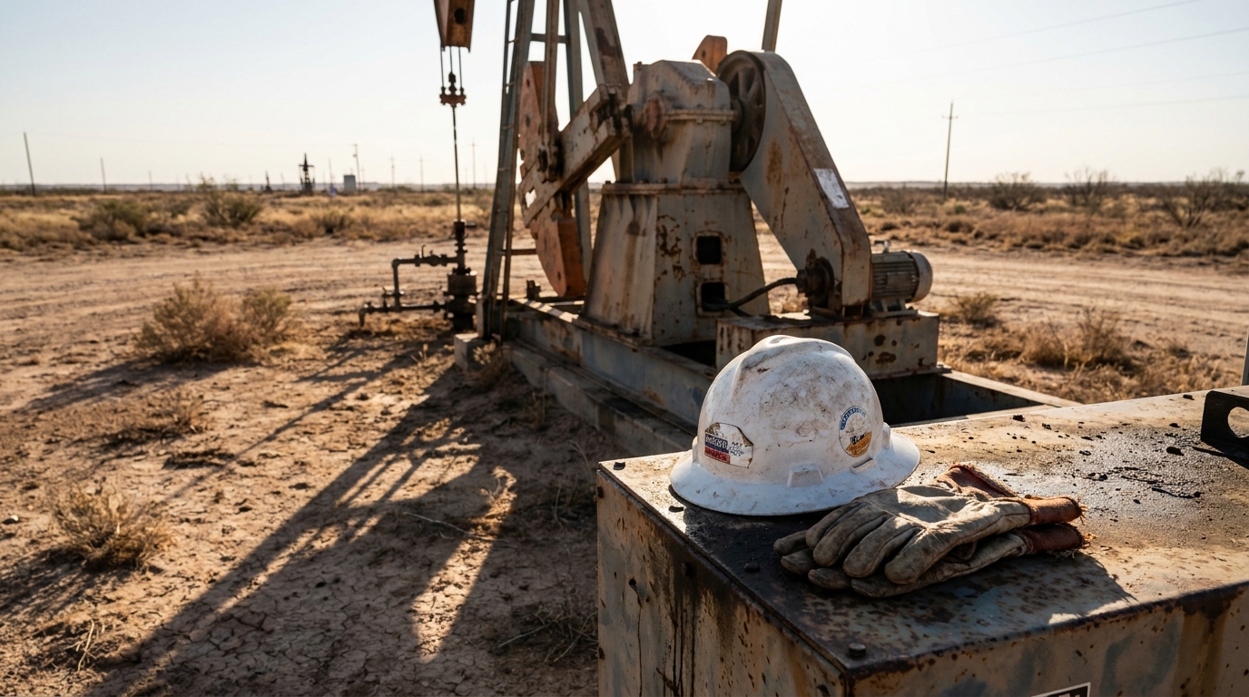 worn hard hat and work gloves resting on equipment near oil pump jack