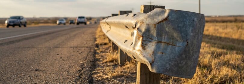 damaged metal highway guardrail along rural road with passing vehicles
