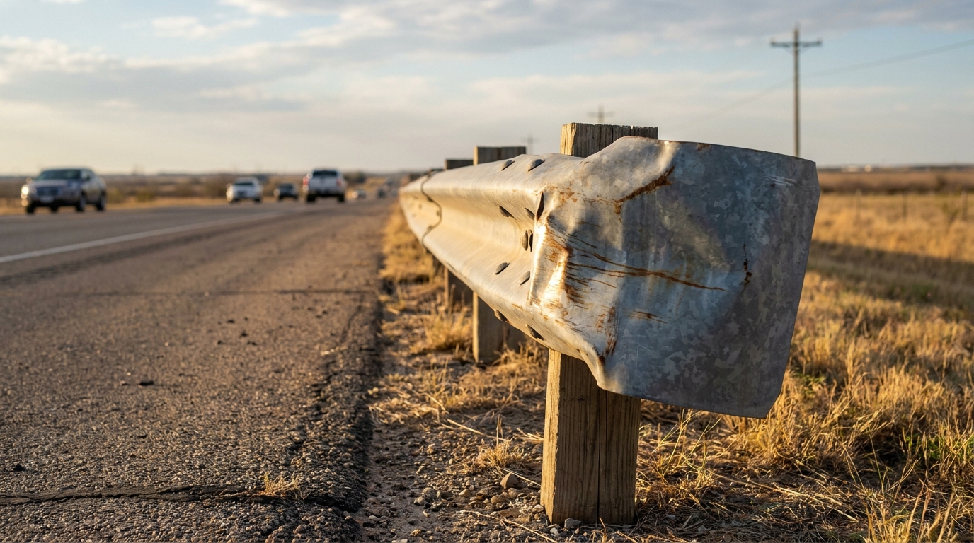 damaged metal highway guardrail along rural road with passing vehicles
