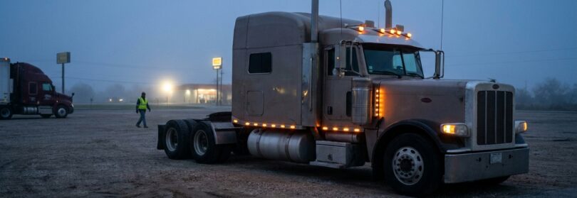 semi-truck cab parked at truck stop with worker in safety vest nearby