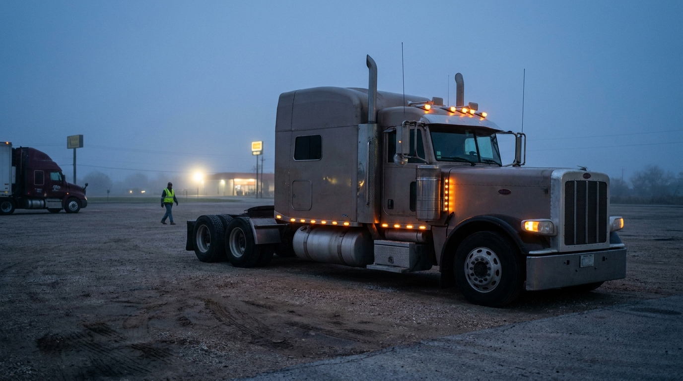 semi-truck cab parked at truck stop with worker in safety vest nearby