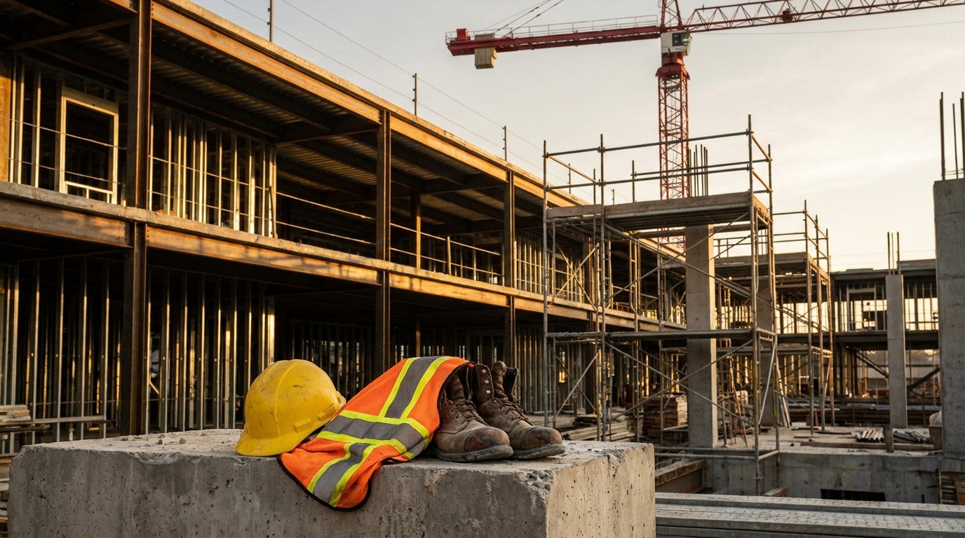 hard hat, safety vest, and work boots on concrete block at construction site with crane