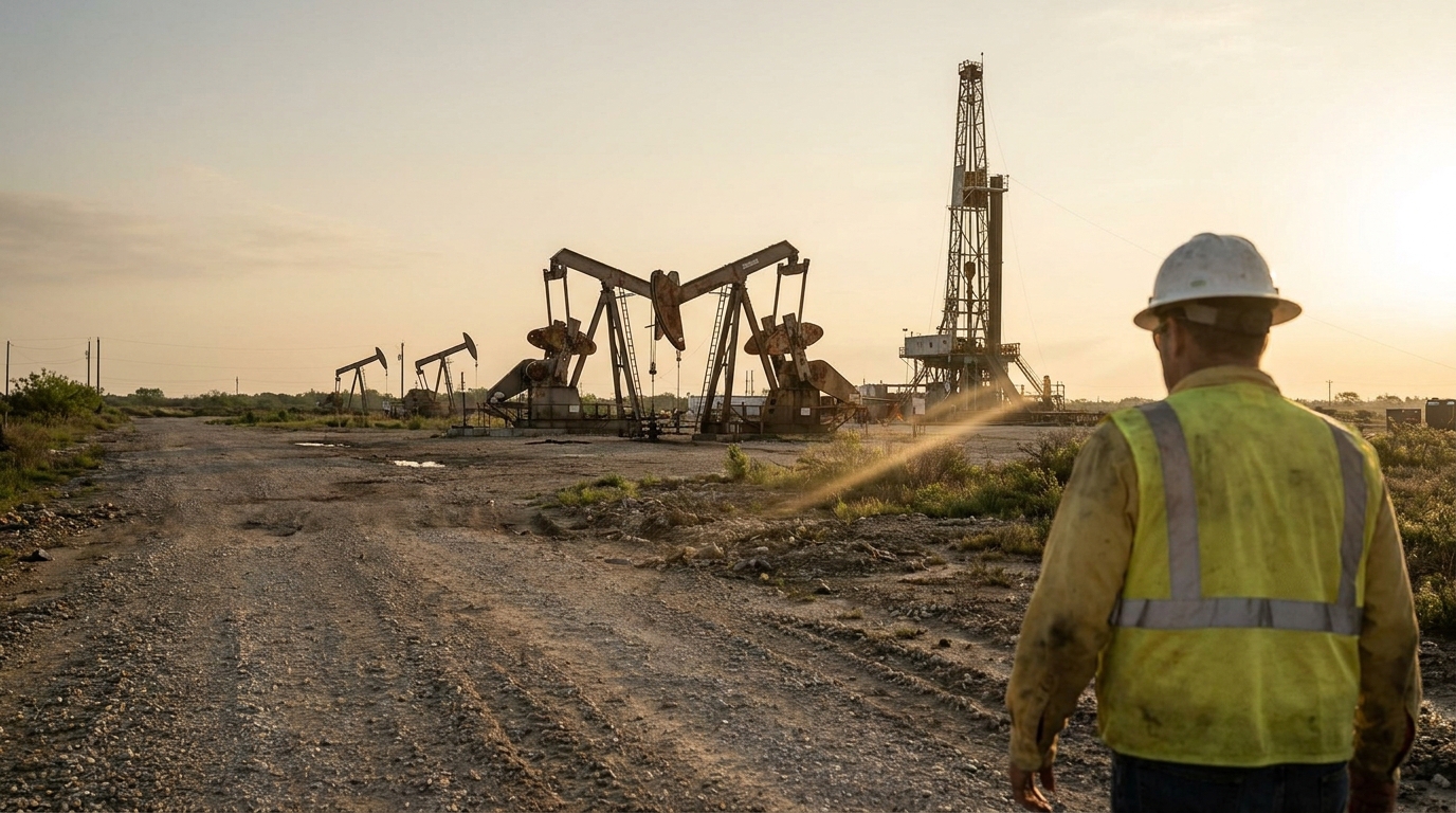 worker in hard hat and safety vest surveying oil field pump jacks and drilling rig