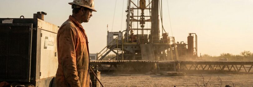 oil field worker in coveralls and hard hat standing near drilling rig