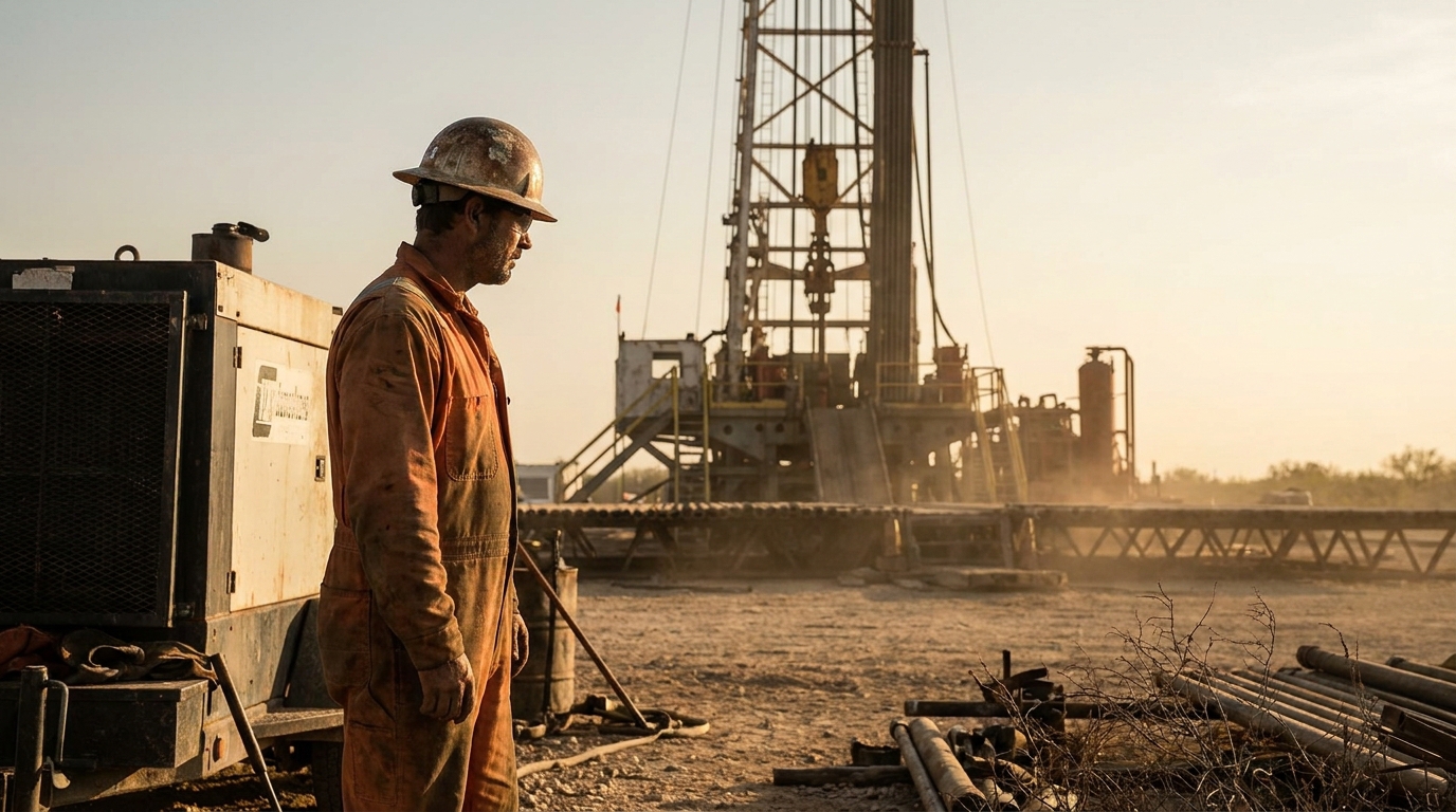 oil field worker in coveralls and hard hat standing near drilling rig