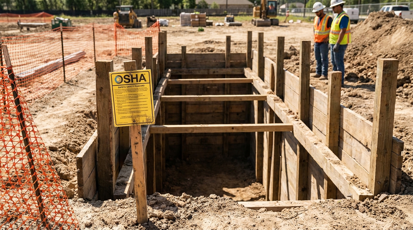 OSHA safety placard posted at shored excavation trench with workers nearby