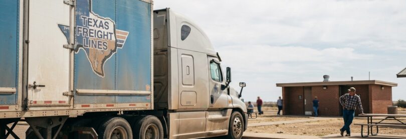 Texas Freight Lines semi-truck parked at roadside rest stop with pedestrians nearby