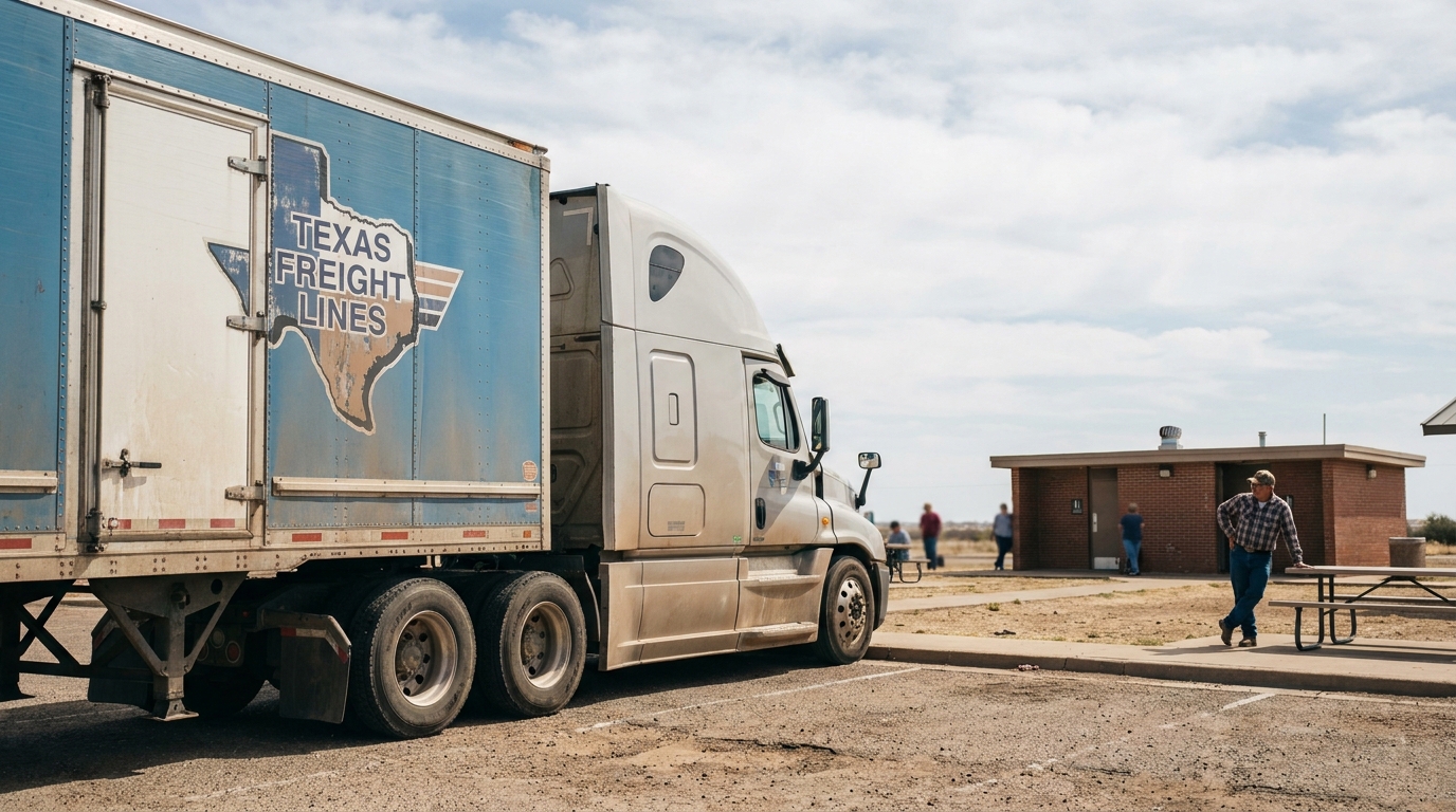 Texas Freight Lines semi-truck parked at roadside rest stop with pedestrians nearby