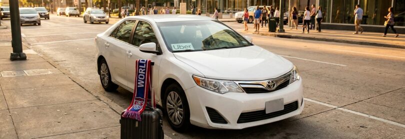 Uber-branded Toyota sedan parked on urban street beside passenger luggage