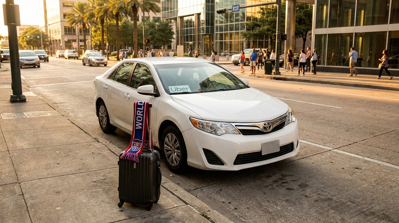 Uber-branded Toyota sedan parked on urban street beside passenger luggage