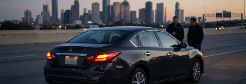 two men standing beside Nissan sedan on highway with city skyline background