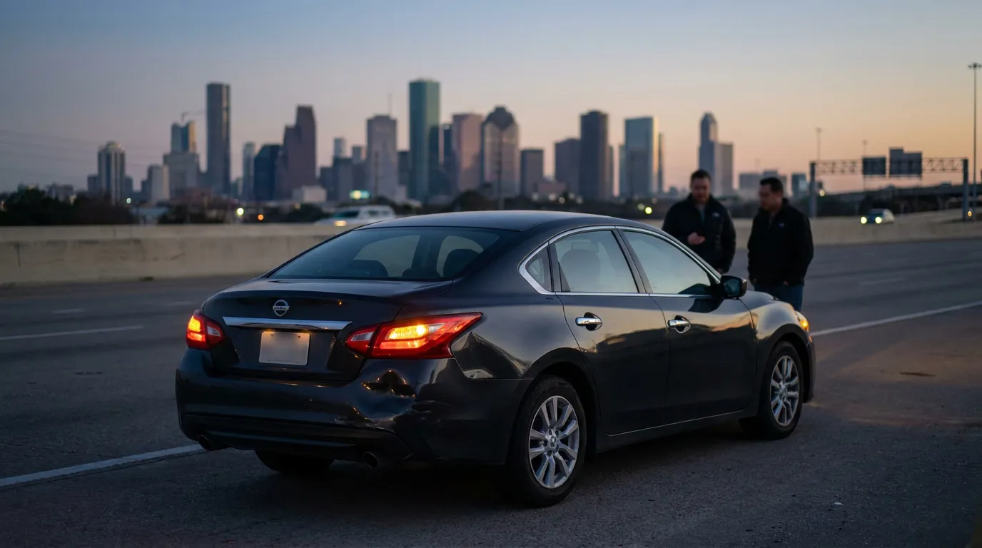 two men standing beside Nissan sedan on highway with city skyline background