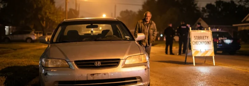 Honda sedan stopped at Sobriety Checkpoint sign with officers at night