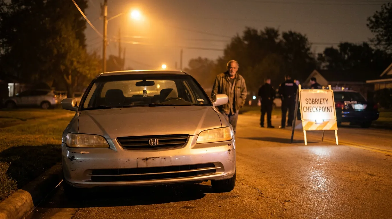 Honda sedan stopped at Sobriety Checkpoint sign with officers at night
