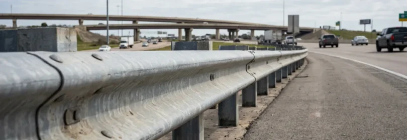 metal highway guardrail along freeway with overpass and vehicles in background