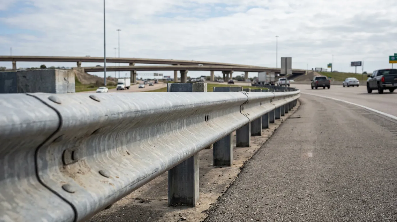 metal highway guardrail along freeway with overpass and vehicles in background