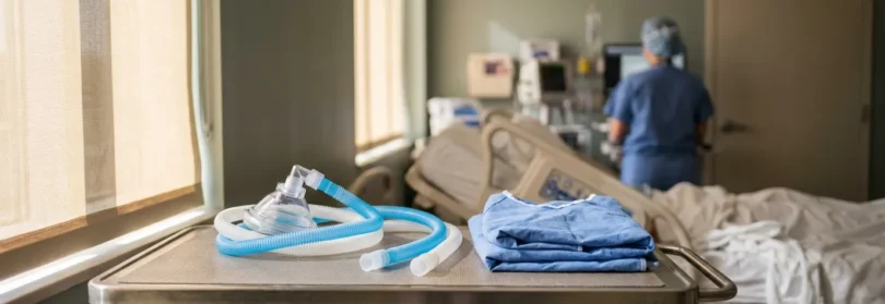 hospital tray with oxygen mask tubing and folded gown beside patient bed
