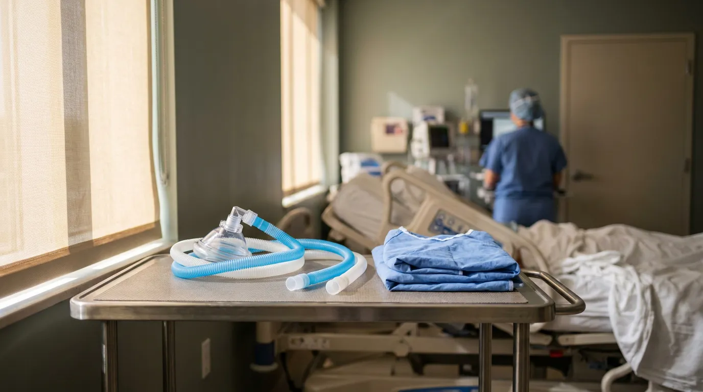 hospital tray with oxygen mask tubing and folded gown beside patient bed