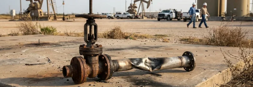 damaged pipeline valve at oil field with pump jacks and workers in background