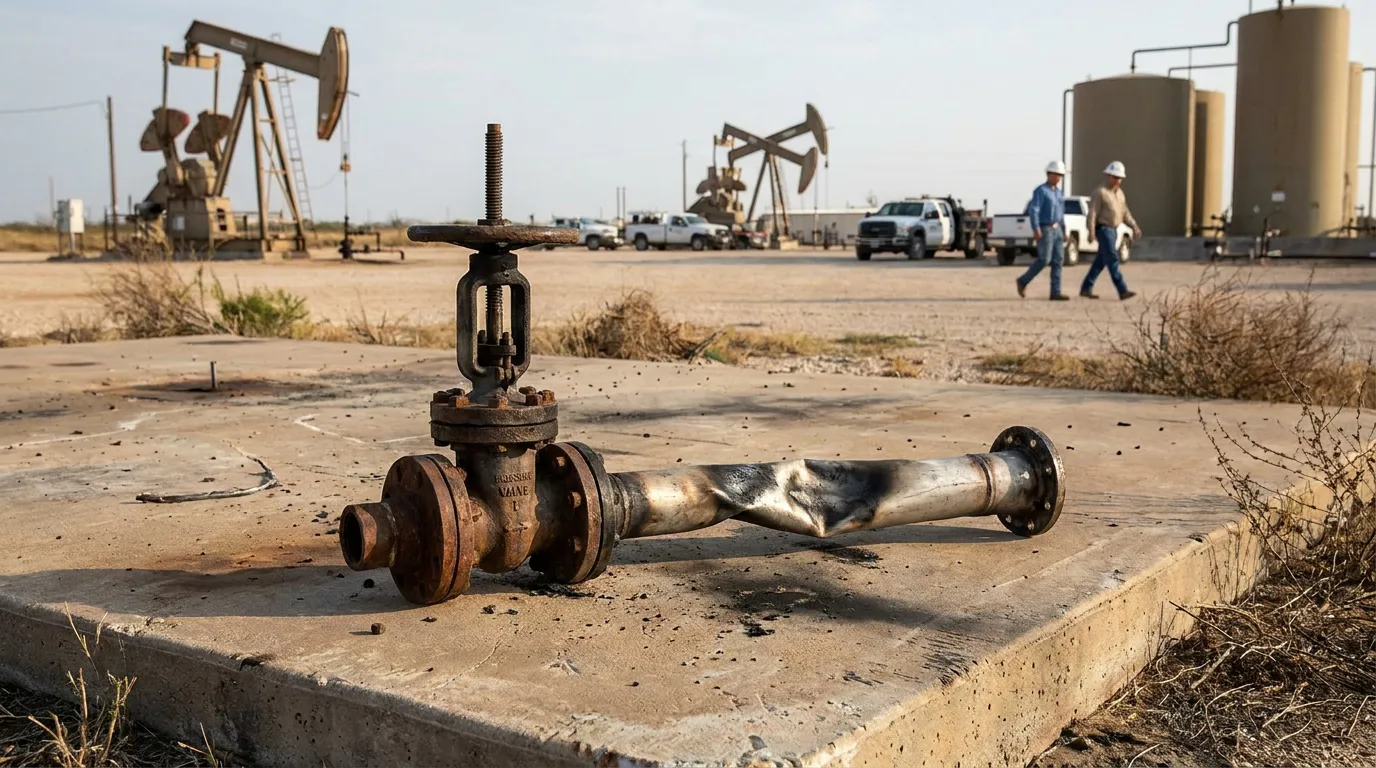 damaged pipeline valve at oil field with pump jacks and workers in background
