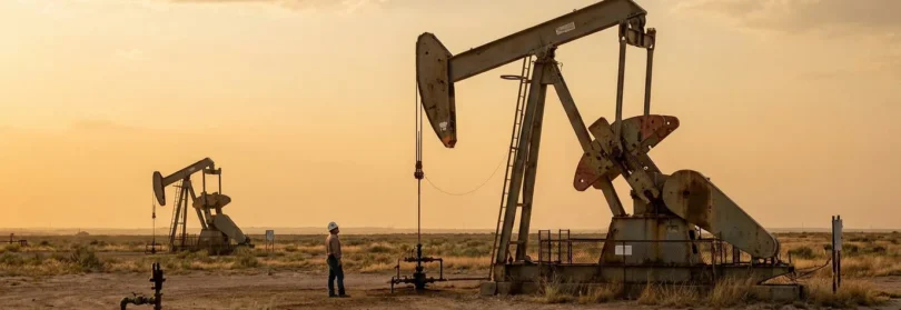 worker in hard hat standing near oil pump jacks on open field