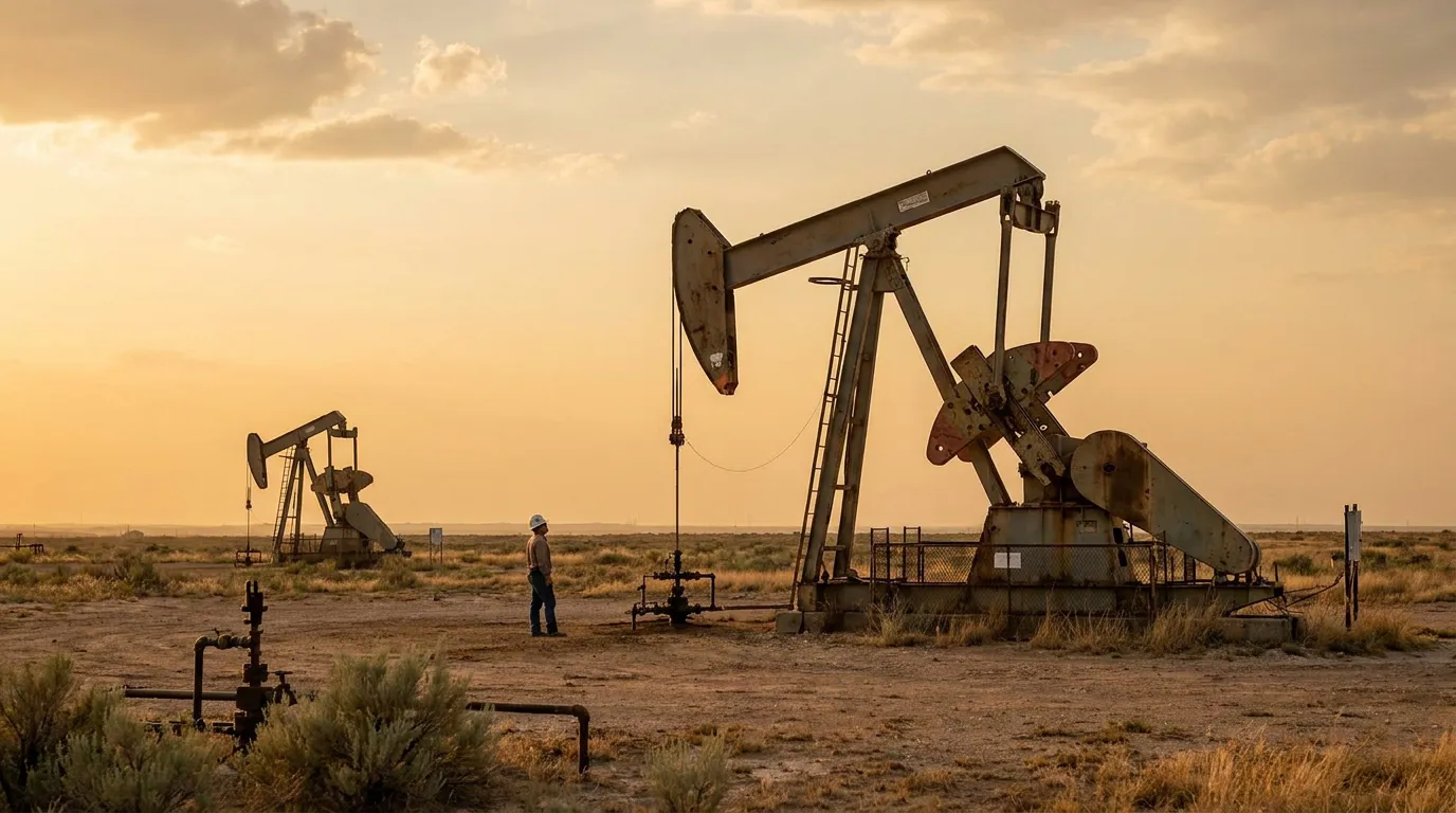 worker in hard hat standing near oil pump jacks on open field