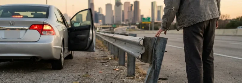 person standing beside damaged highway guardrail with Honda sedan door open