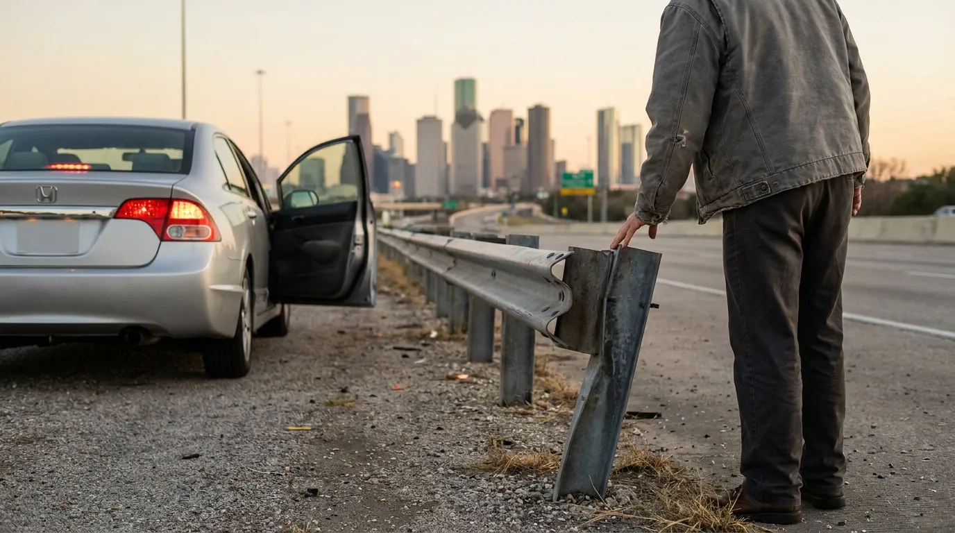 person standing beside damaged highway guardrail with Honda sedan door open