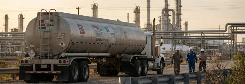 industrial tanker truck and three workers in hard hats at oil refinery