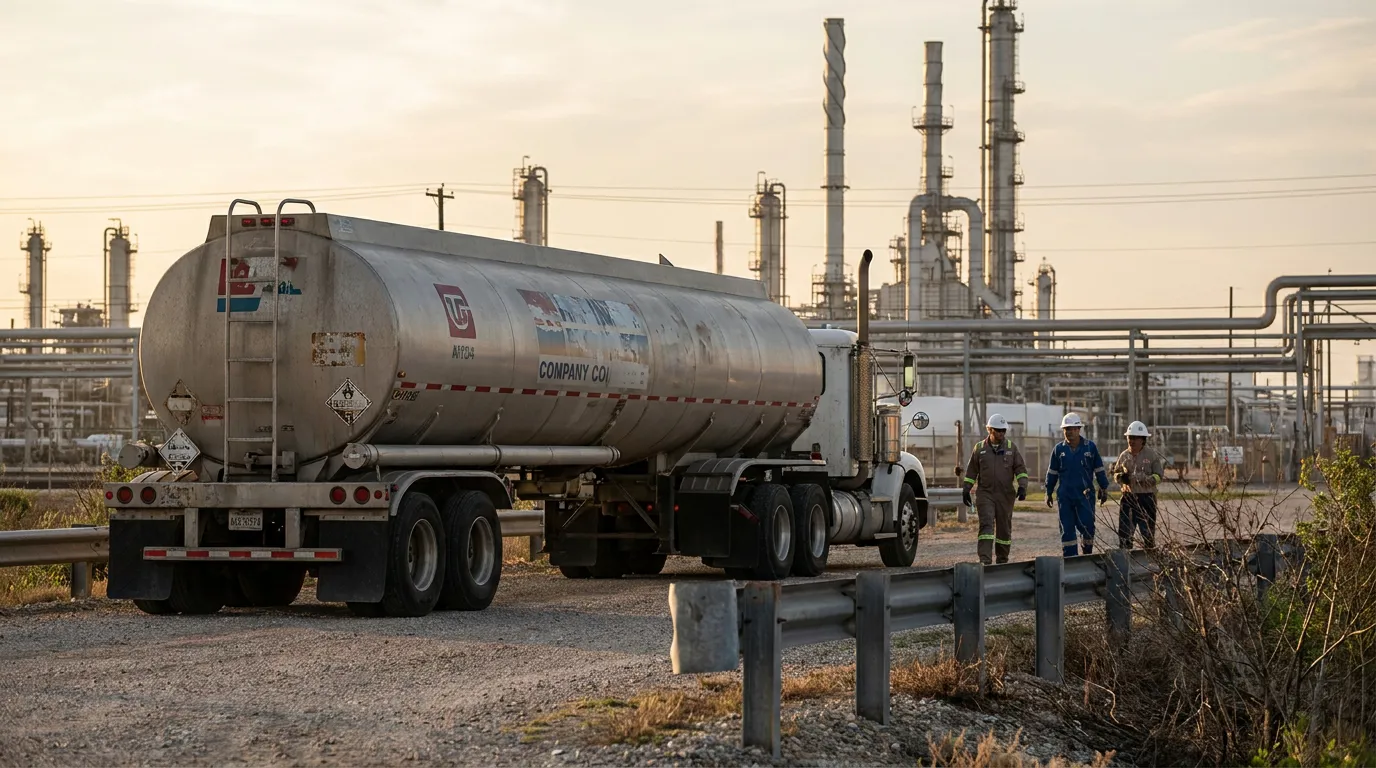 industrial tanker truck and three workers in hard hats at oil refinery