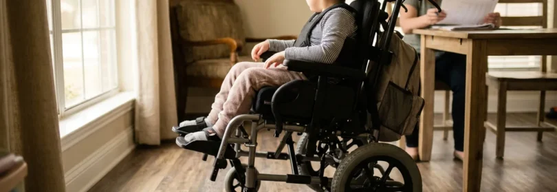 child seated in adaptive wheelchair indoors while adult reviews documents at table