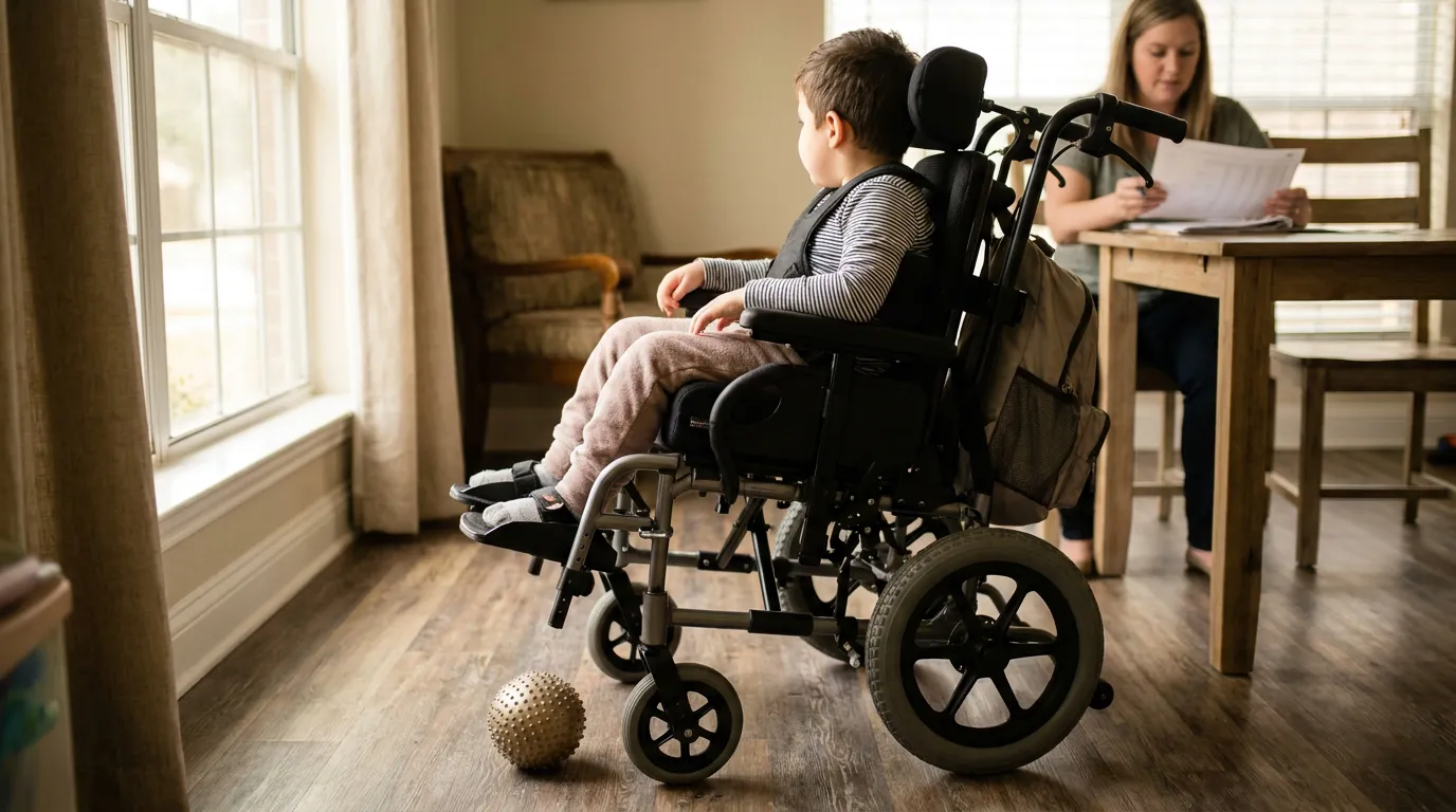 child seated in adaptive wheelchair indoors while adult reviews documents at table