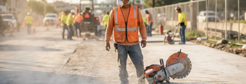 construction worker in hard hat and mask operating concrete saw at road worksite