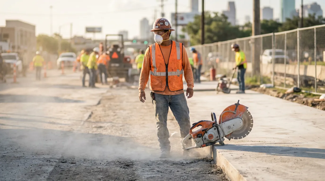 construction worker in hard hat and mask operating concrete saw at road worksite