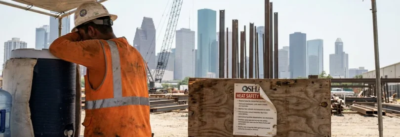 construction worker in hard hat resting near OSHA Heat Safety notice at job site