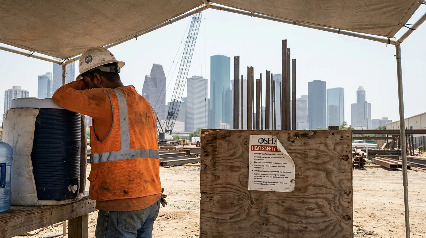 construction worker in hard hat resting near OSHA Heat Safety notice at job site