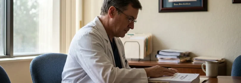 physician in lab coat reviewing medical documents at office desk with framed certificate