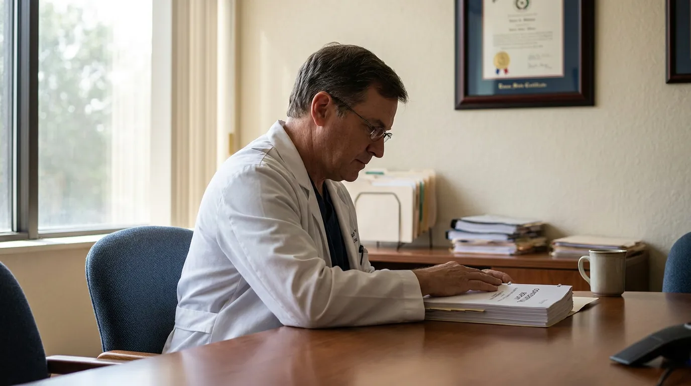 physician in lab coat reviewing medical documents at office desk with framed certificate