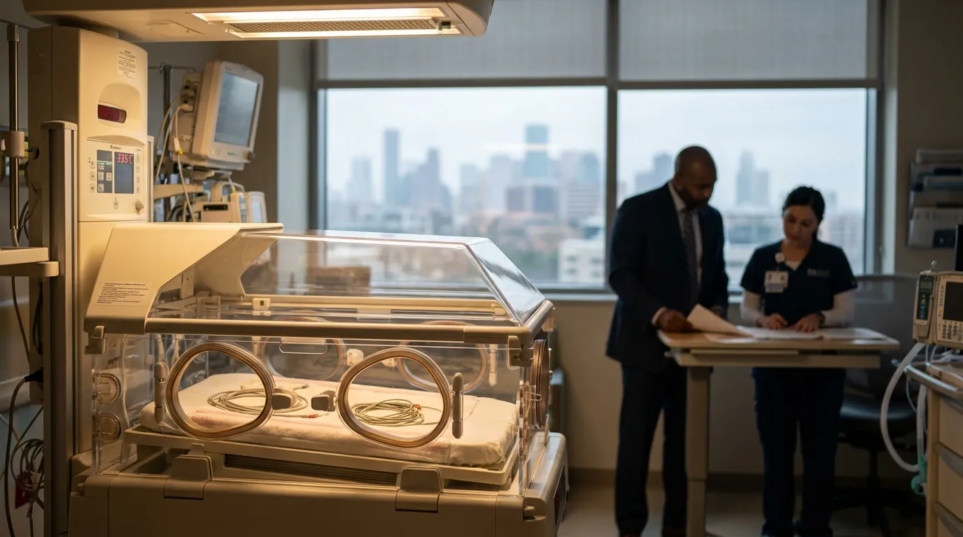 neonatal incubator with medical monitors and suited professional reviewing documents with nurse
