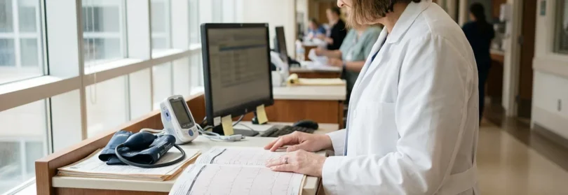 physician in lab coat reviewing patient medical records at hospital nursing station