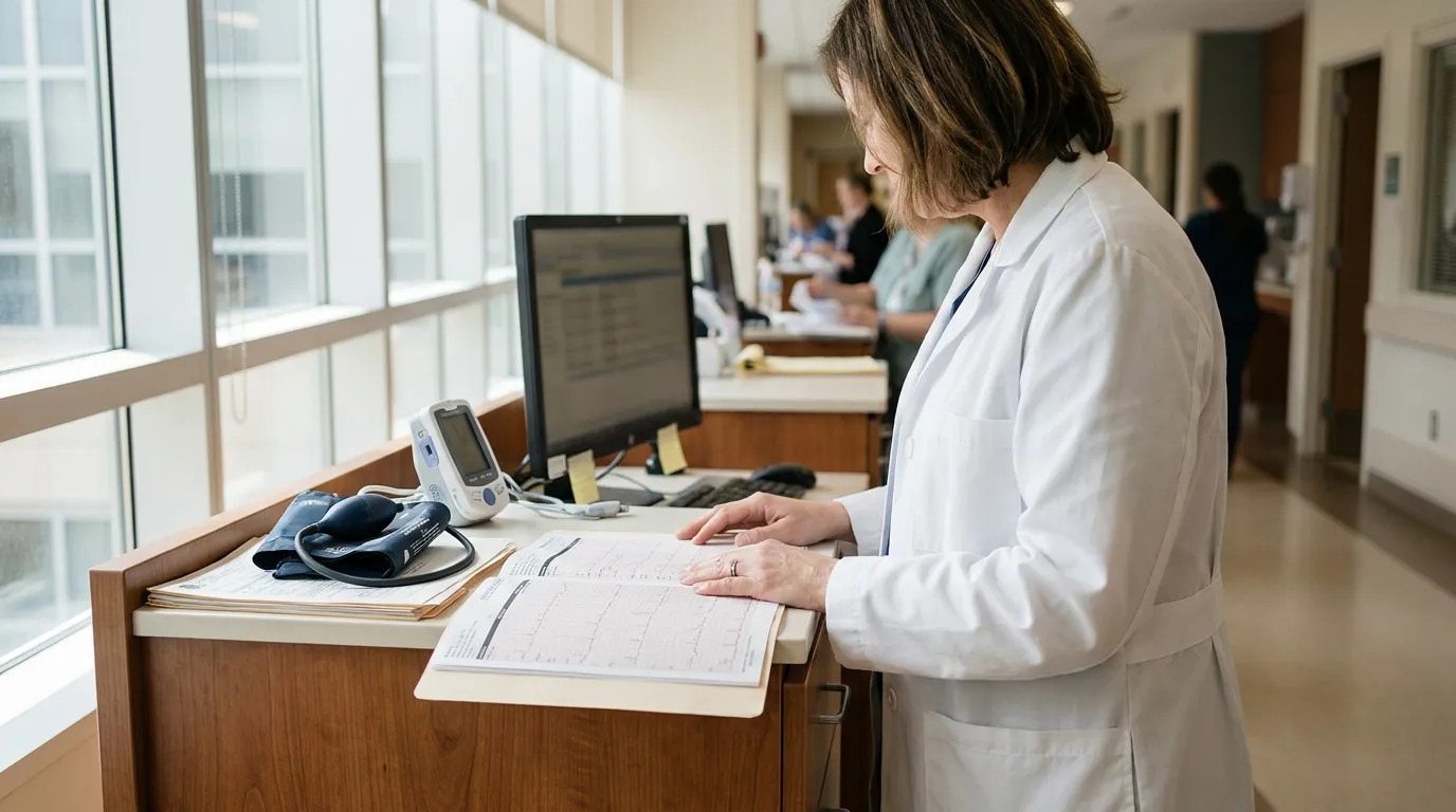 physician in lab coat reviewing patient medical records at hospital nursing station