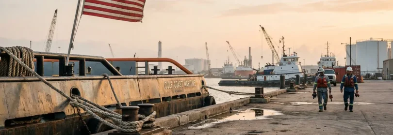 two maritime workers walking Gulf Coast Marine dock with American flag and tugboats