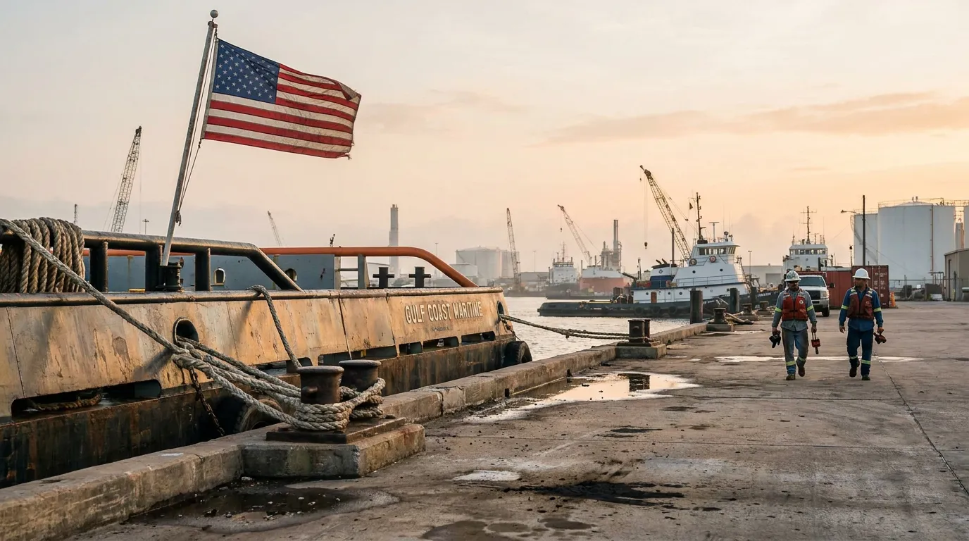 two maritime workers walking Gulf Coast Marine dock with American flag and tugboats