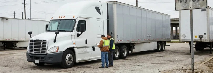 two workers in safety vests reviewing documents beside semi-truck at yard marker