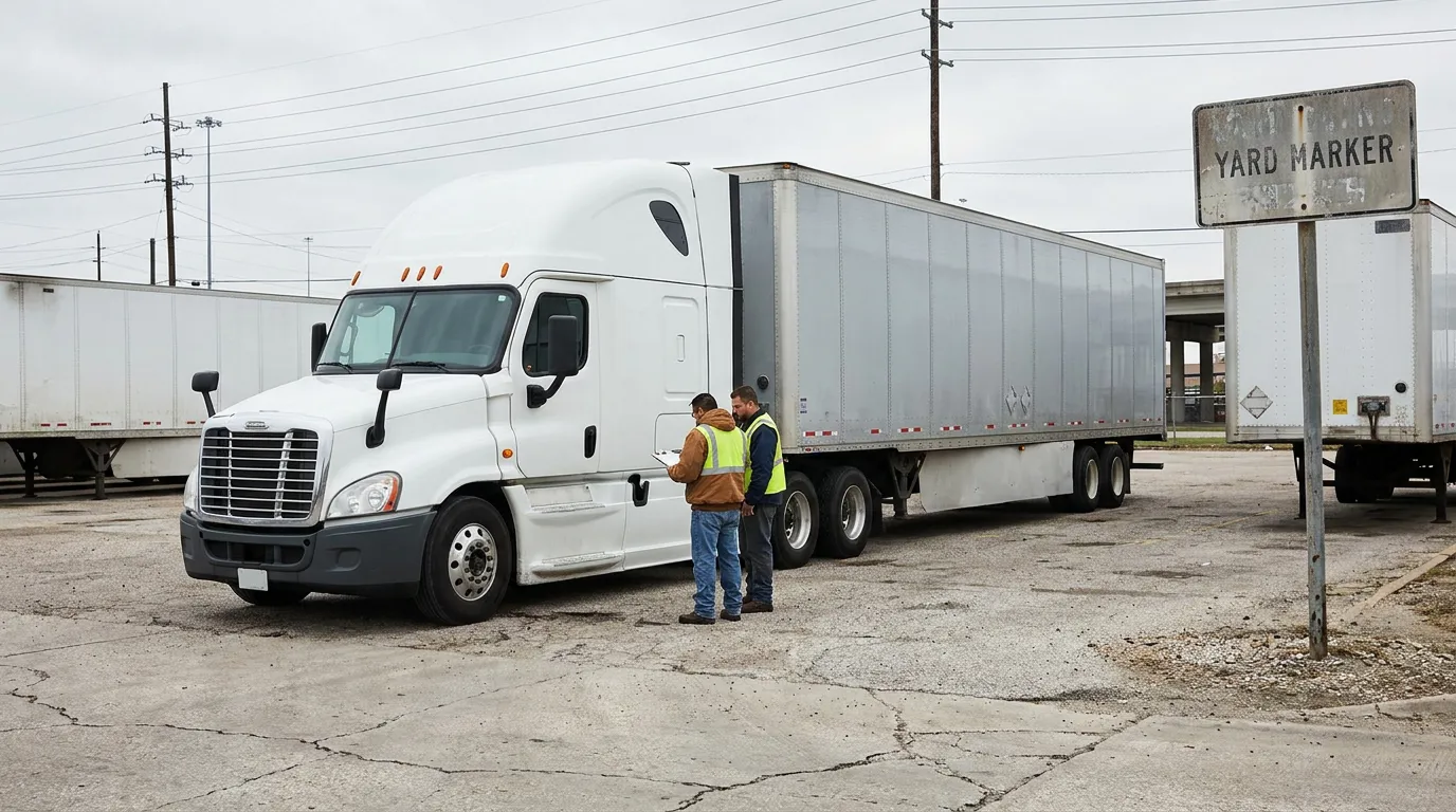 two workers in safety vests reviewing documents beside semi-truck at yard marker